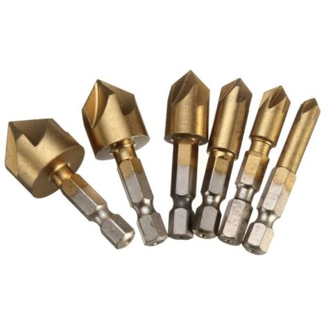 Lot de 6 fraises à chanfreiner HSS 90 degrés 5 cannelures fraise à chanfreiner trou fraise revêtue de titane 1/4" perceuse à bois tige hexagonale 6mm 8mm 9mm 12mm 16mm 19mm