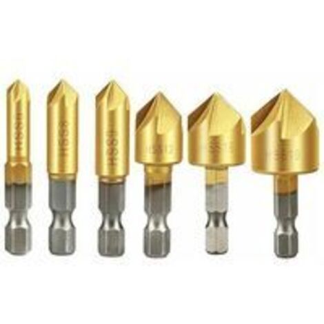 Lot de 6 fraises à chanfreiner pour le travail du bois, fraises coniques HSS à 90°, fraises à chanfreiner en carbure, 6 mm, 8 mm, 9 mm, 12 mm, 16 mm, 19 mm