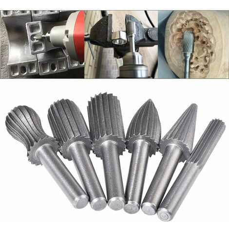 Lot de 6 fraises rotatives en tungstène double coupe 6 mm Queue en tungstène Embouts de limage/gravure/meulage pour outils rotatifs