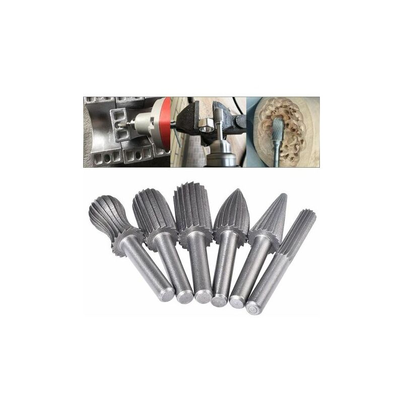 Ikodm - Lot de 6 fraises rotatives en tungstène double coupe 6 mm Queue en tungstène Embouts de limage/gravure/meulage pour outils rotatifs