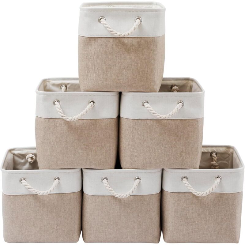 Lot de 6 grandes boîtes de rangement cubiques pliables en tissu avec cordes, bureau, placard, vêtements, jouets (blanc et beige)