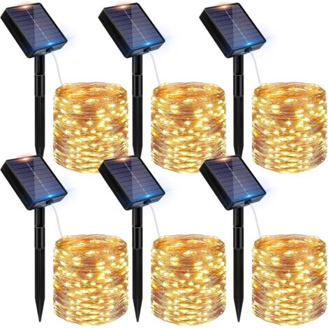 Lot de 6 Guirlande Solaire Exterieur, 6x12M 120 LED Golaire Extérieur IP65 Étanche, 8 Modes GuirlandeLumineuse Exterieure Solaire pour Jardin Terrasse Noël Mariage Fête, Blanc Chaud