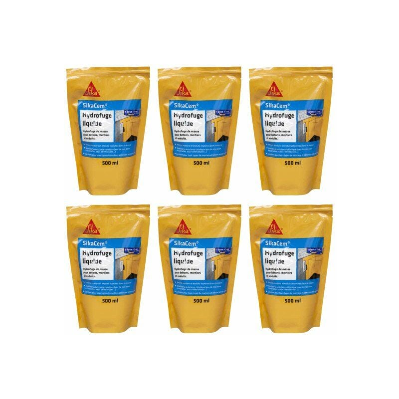 Lot de 6 hydrofuges de masse pour béton et mortier Sika Sika Cem Hydrofuge Liquide - 500ml