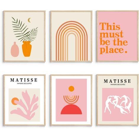 Lot de 6 impressions murales bohèmes sans cadre, images esthétiques minimalistes, ensemble imprimé rose, affiches orange pour chambre, 20x 25 cm