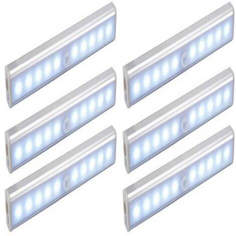 Lot de 6 Lampes 10 LED, Sans Fil, Rechargeable par USB, Aimanté, Détecteur de Mouvement, Portable. Lumière de Placard, Baladeuse de Secours, Veilleuse Enfant, Appoint