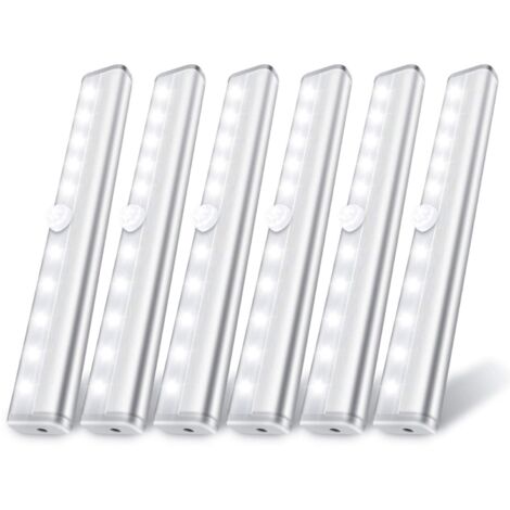 Lot de 6 lampes de placard à détecteur de mouvement, 10 lumières LED à détecteur de mouvement, à coller n'importe où, fonctionne avec des piles, éclairage sûr pour placard, armoire, escaliers
