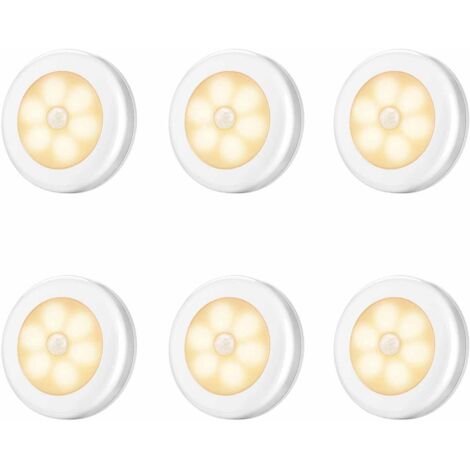 Lot de 6 lampes LED à détecteur de mouvement, veilleuses LED, idéales pour les escaliers, les placards, les armoires, faciles à installer, fonctionnent sur piles (non incluses) (lumière blanc chaud)