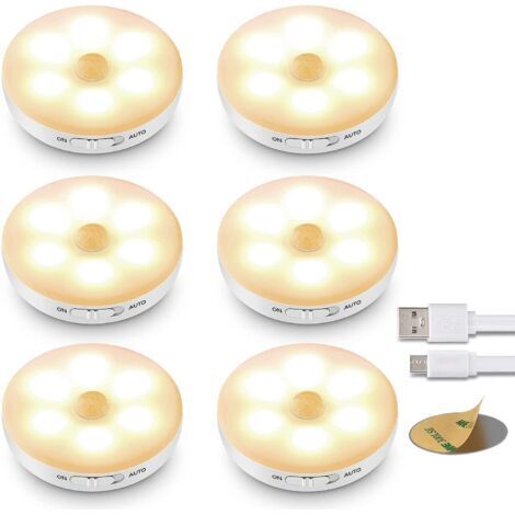 Lot de 6 lampes LED avec détecteur de mouvement, lumières LED à batterie rechargeable, éclairage intérieur avec bande magnétique adhésive pour éclairage armoire, escalier, cuisine, garage, etc [Classe