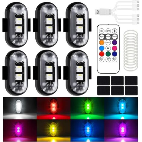 Lot de 6 lampes LED sans fil pour voiture, 8 couleurs, étanches, avec télécommande, pour motos, voitures télécommandées, vélos et drones