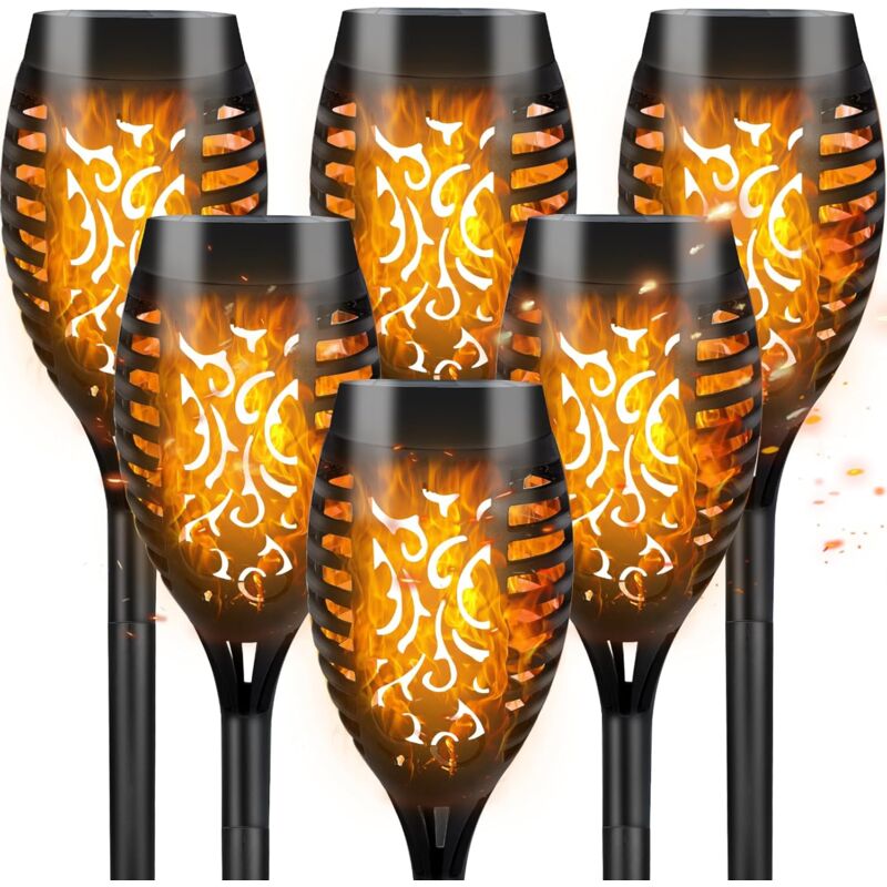 Lot de 6 lampes solaires d'extérieur pour jardin, flammes vacillantes et dansantes, éclairage paysager étanche pour jardin, terrasse, allée, pelouse,