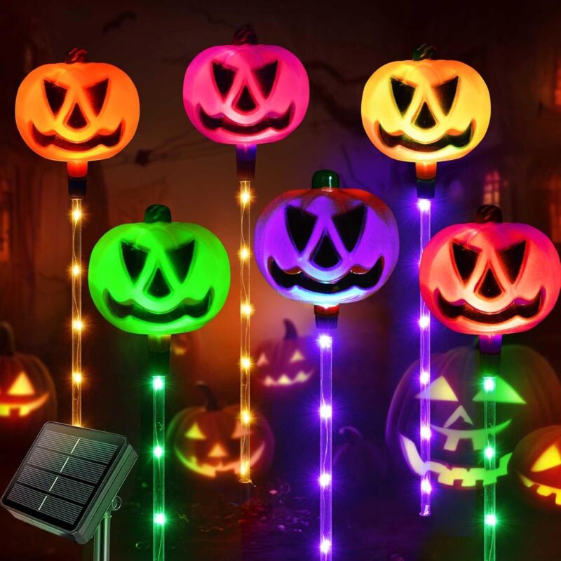 Lot de 6 lampes solaires en forme de citrouille pour décoration d'Halloween, décoration de jardin d'Halloween, lampes solaires en forme de citrouille