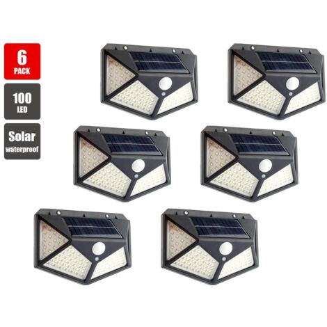 Lot de 6 lampes solaires LED 100 LED pour jardin extérieur, projecteur à détecteur de mouvement, applique murale de sécurité étanche