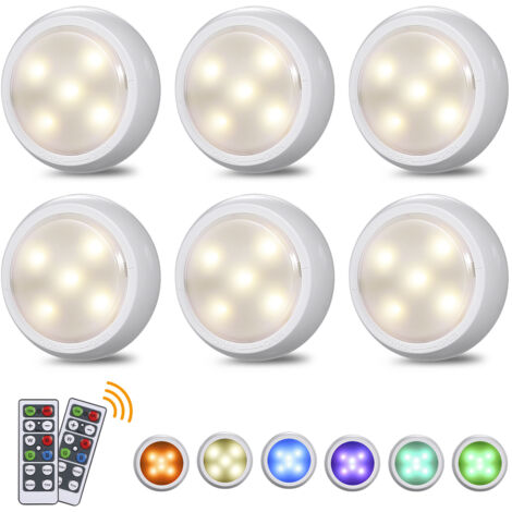 Lot de 6 lampes sous armoire avec télécommande, alimentées par batterie et chargement USB, lampe de placard LED RGBW à intensité variable, 10 niveaux de luminosité, 3 modes d'éclairage, veilleuse, éc