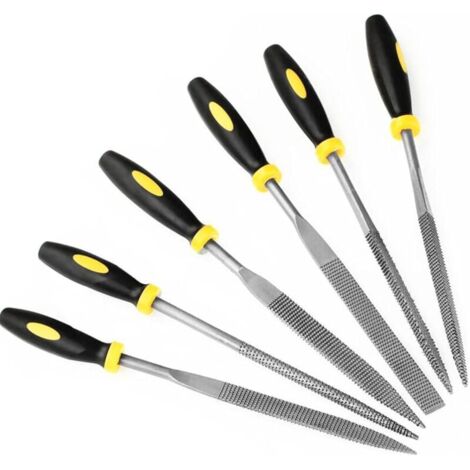 Lot de 6 limes à aiguilles avec poignée en métal, 4 x 160 mm, petites limes en métal : plates, plates, carrées, triangulaires, rondes, demi-rondes pour le travail du bois et du métal