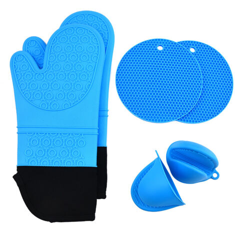 Lot de 6 maniques de four en silicone - Résistants à la chaleur - Antidérapants - Avec mini maniques et dessous de plat - Gants de cuisine pour pâtisserie, grillades (noir bleu)