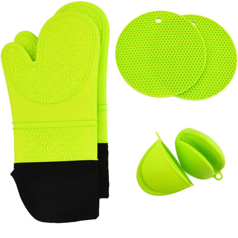 Lot de 6 maniques de four en silicone - Résistants à la chaleur - Antidérapants - Avec mini maniques et dessous de plat - Gants de cuisine pour pâtisserie, grillades (noir vert)