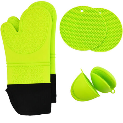 Lot de 6 maniques de four en silicone - Résistants à la chaleur - Antidérapants - Avec mini maniques et dessous de plat - Gants de cuisine pour pâtisserie, grillades (noir vert)