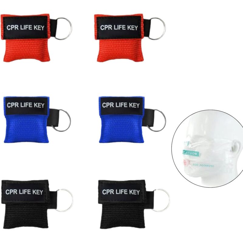 Lot de 6 masques respiratoires de premiers secours - Avec porte-clés - Protection du visage CPR - Masque de poche - Avec clapet anti-retour et tissu