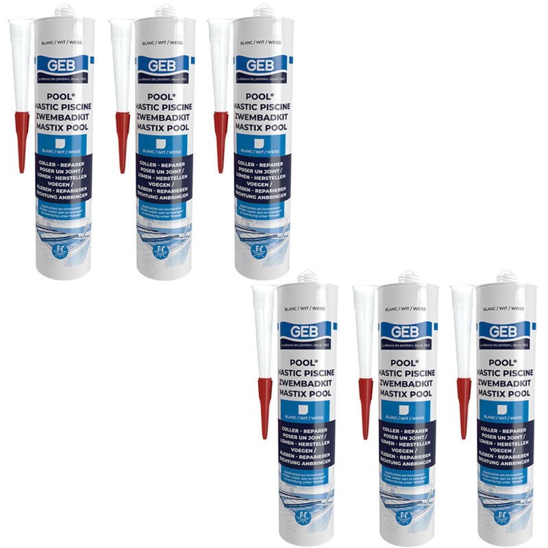 GEB - Lot de 6 Mastic piscine pool qualité professionnelle blanc 290 ml