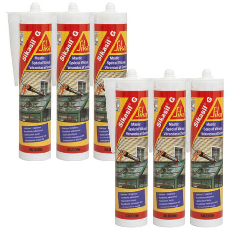 Lot de 6 mastics élastique silicone - SIKA Sikasil G - Blanc - 300ml