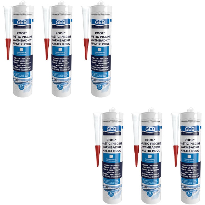 GEB - Lot de 6 Mastics piscine pool qualité professionnelle transparent 290 ml