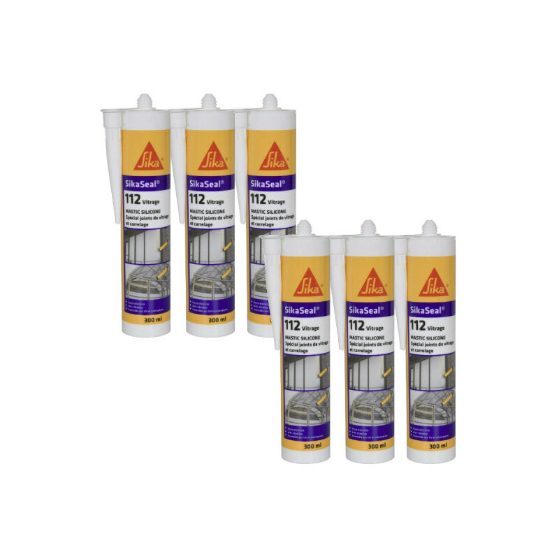 Sika - Lot de 6 mastics silicone spécial vitre Seal 112 Vitrage - Blanc - 300ml