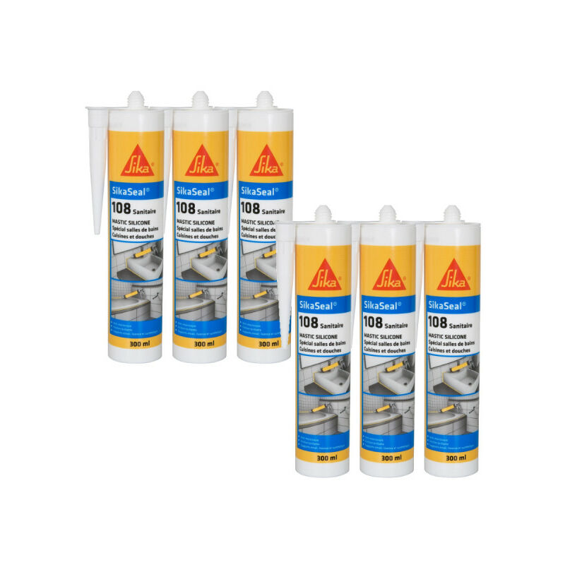 Sika - Lot de 6 mastics silicones anti-moisissure seal 108 Sanitaire - Gris clair - 300ml