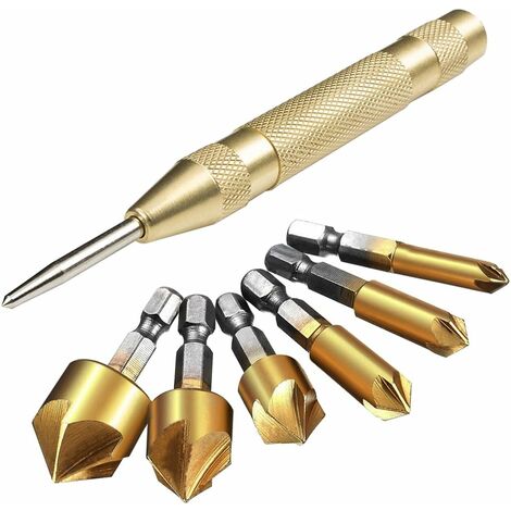 Lot de 6 Mèches Fraises Coniques à Tige Hexagonale HSS 5 avec Pointeau Automatique 12,7 cm Outils d’Ébavurage pour Acier Bois Plastique