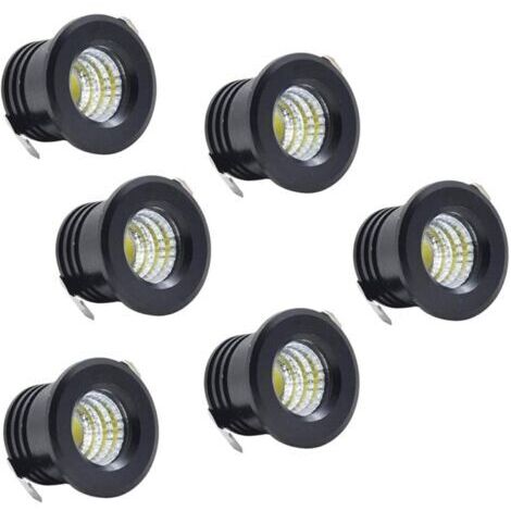 Lot de 6 mini spots LED encastrables noirs – Puissance 3W – Lumière blanche chaude – Diamètre 38mm pour installation plafond ou armoire