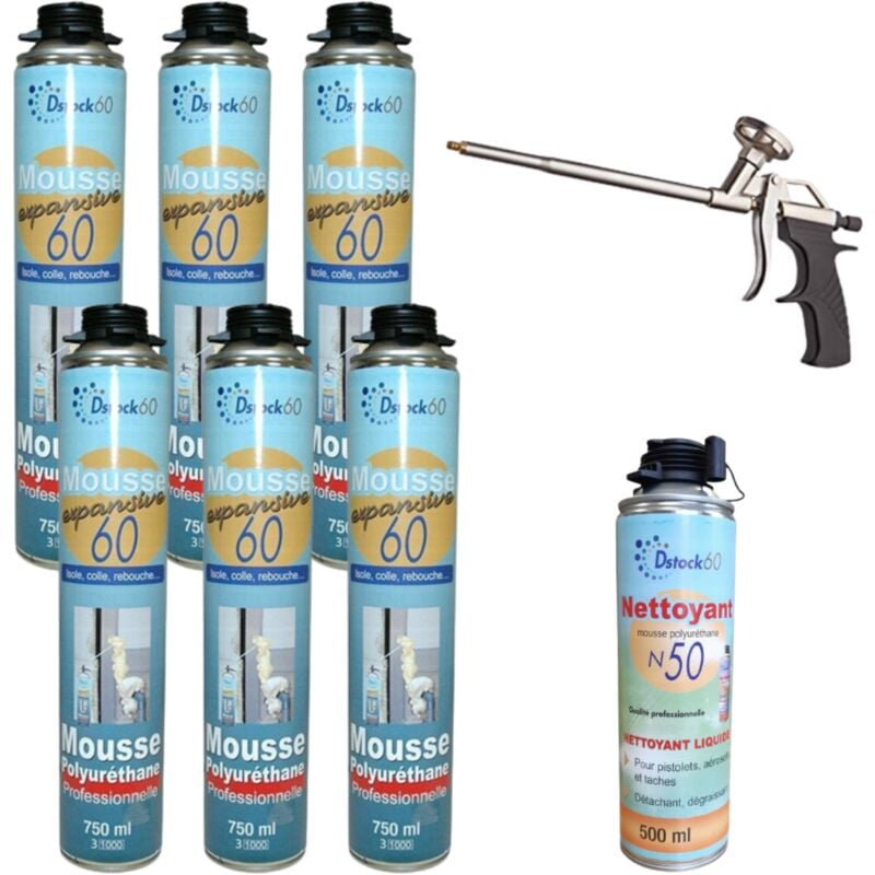 Dstock60 - Lot de 6 mousses expansives 750 ml - 1 pistolet - 1 nettoyant mousse - mousse pistolable - extérieur et intérieur