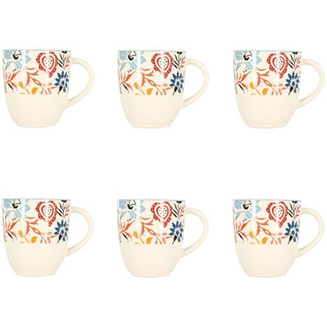 Lot de 6 mugs à motif floral en grès 35cl, JAIPUR