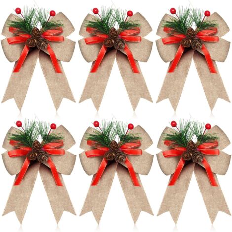 Lot de 6 nœuds de Noël avec pommes de pin, aiguilles de pin, nœuds en lin, rubans, couronnes de sapin de Noël, décorations de fête de Noël