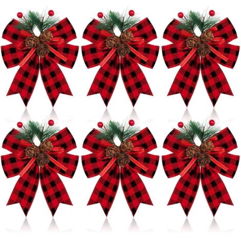 Lot de 6 nœuds de Noël, nœuds en ruban à carreaux avec pommes de pin, décorations pour sapin de Noël