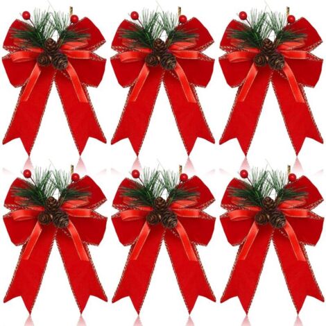 Lot de 6 nœuds de Noël, nœuds en ruban à carreaux avec pommes de pin, décorations pour sapin de Noël (rouge)