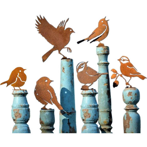 Lot de 6 Oiseaux Décoratifs en Métal Rouillé - Décoration de Jardin Vintage - Figurines d'Oiseaux à Vis pour Clôture, Arbre et Patio - Style Rétro Patiné