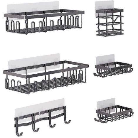Lot de 6 organiseurs de salle de bain multifonctions, solution de rangement facile pour douche, installation sans outil, étagères murales adhésives pour accessoires.