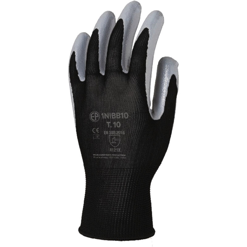 Lote de 6 pares de guantes de manipulación de poliéster negro con recubrimiento de nitrilo gris, talla 8