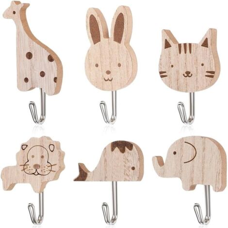 Lot de 6 patères autocollantes en bois, crochet autocollant, patere enfant, motif animaux mignons (motif éléphant, baleine, chat, lion, lapin, girafe), pour chambre, salle de bain, cuisine