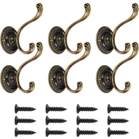 Lot de 6 patères doubles vintage, crochets muraux robustes, crochets pour vêtements, crochets de chambre principale, crochets de porte décoratifs avec vis pour cuisine de salle de bain, bronze