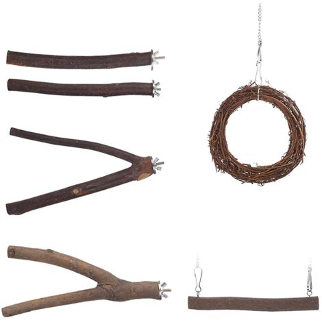 Lot de 6 perchoirs à oiseaux en bois naturel, support circulaire, balançoire, jouets pour calopsittes, conures