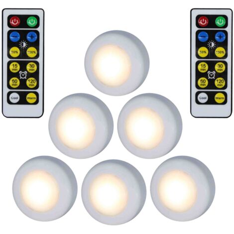 Lot de 6 petits spots LED tactiles, à coller, fonctionnement à piles, pour intérieur, placard, armoire, meuble de cuisine, blanc chaud