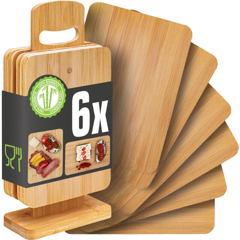 Lot de 6 : Planche Aperitif Bois avec Support - 22x15 Petite Planche Bambou