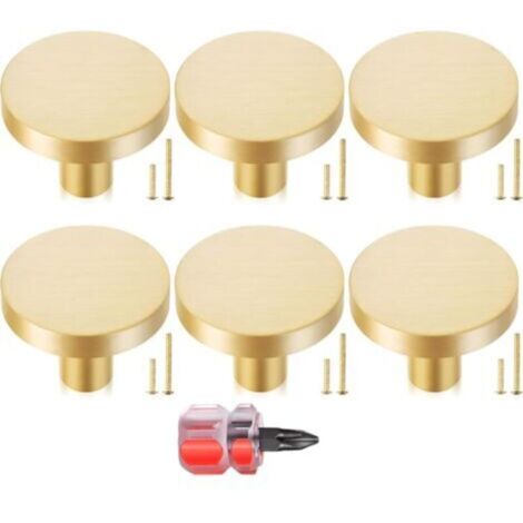 Lot de 6 poignées de meuble dorées, boutons de meuble dorés de 30 x 25 mm, boutons de placard ronds, poignées de tiroir en alliage d'aluminium doré, avec tournevis, poignée de meuble, bouton de tiroir