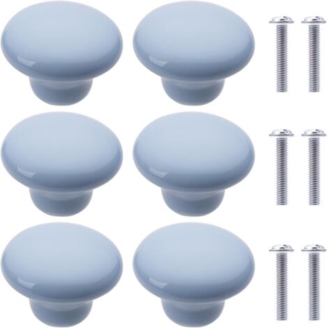 Lot de 6 poignées de meuble rondes en céramique, poignées de tiroir et de placard pour cuisine, commode, armoire et chambre d'enfant (bleu clair)