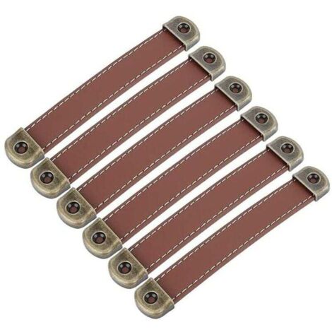 Lot de 6 Poignées de Meubles en Cuir Vintage Brun pour Armoire Cuisine Entraxe 128mm