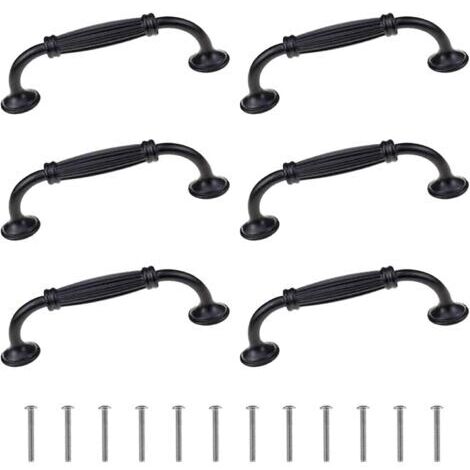 Lot de 6 poignées de porte d'armoire européenne, longues en forme d'arc, poignées de tiroir, d'armoire - En alliage d'aluminium - Pour armoires de cuisine, penderie - Noir