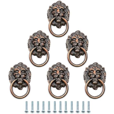 Lot de 6 poignées de tiroir en bronze antique en forme de lion, avec 6 vis, style vintage, avec anneau de tiroir.