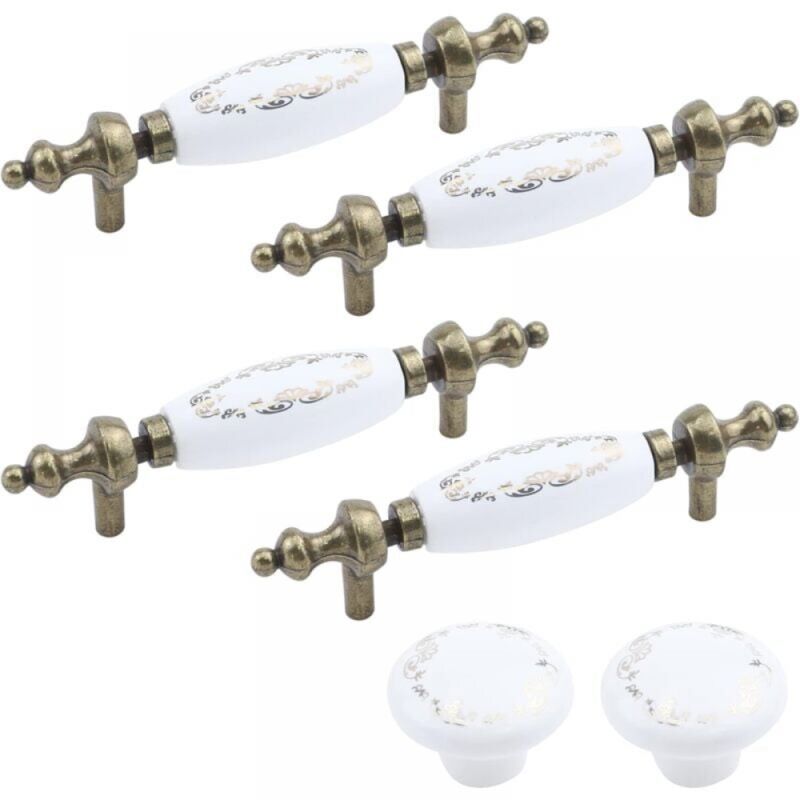 Lot de 6 poignées de tiroir vintage en céramique bronze antique pour armoires et tiroirs Blanc