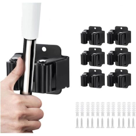 Lot de 6 porte-balais muraux avec vis en acier inoxydable haute performance pour nettoyage du linge de salle de bain, cuisine, garage (noir)