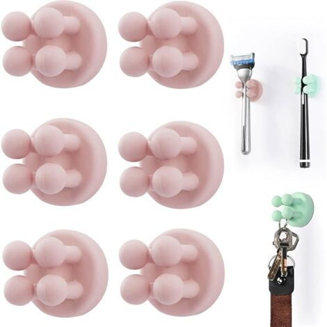 Lot de 6 porte-brosses à dents en silicone avec crochet multifonction, adhésif auto-collant pour fixation murale, couleur rose.